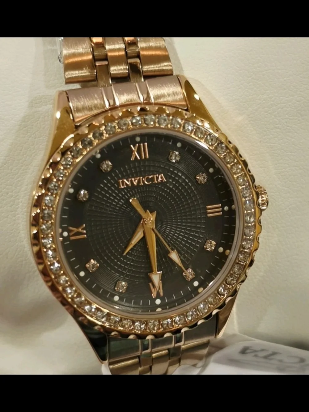 Invicta Gold Tone Watch with Black Dial and Crystal Bezel 33mm